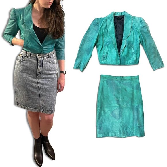 Unbranded Skirts 8s New Wave Vintage Green Crinkle Effect Leather Skirt Blazer Jacket Suit